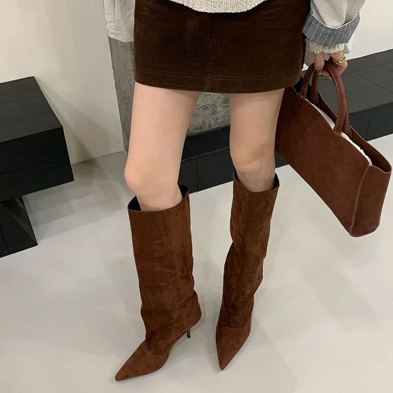 Aneikeh Autumn Winter Fashion Long Booties Shoes Thin Heels Concise Pointed Toe Pleated Knee-High Boots WomenZapatos De Mujer
